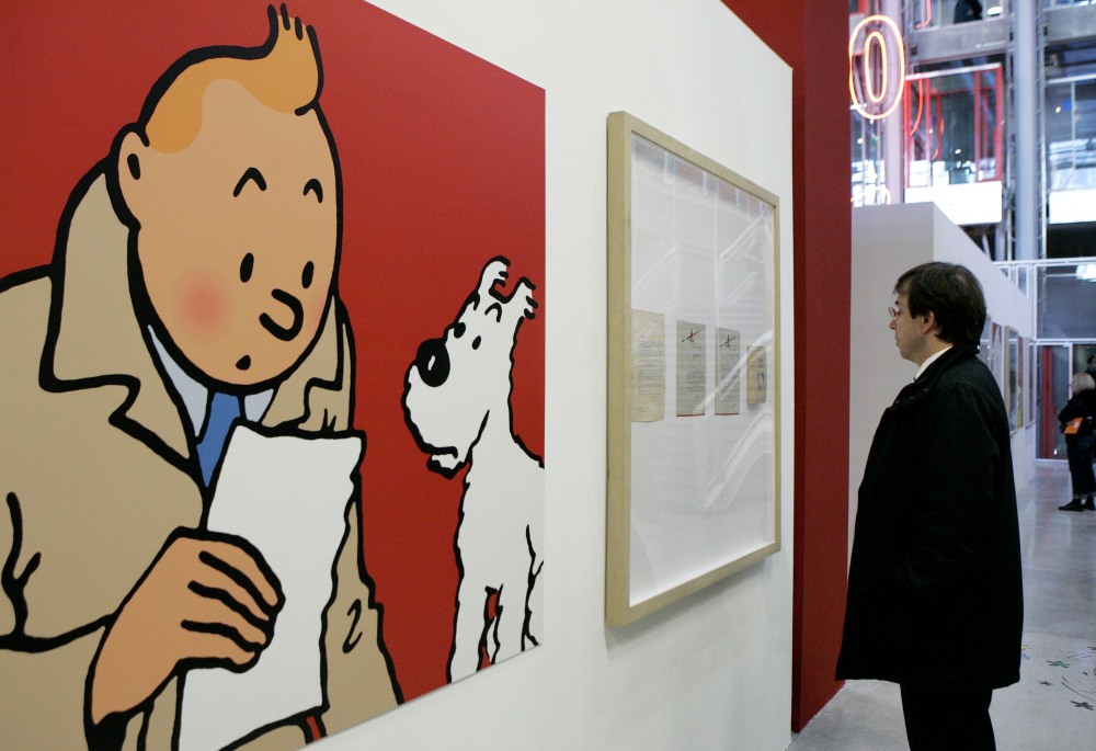 An enlarged cartoon of Tintin pictured on display at Paris' Pompidou Cultural Center in 2006. The Belgian cub reporter is among the characters and works entering the public domain in 2025. (AP)