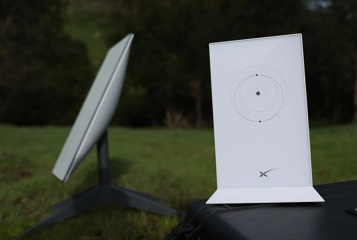 In this photo illustration, a Starlink dish and router are displayed on February 12, 2024 in San Anselmo, California.