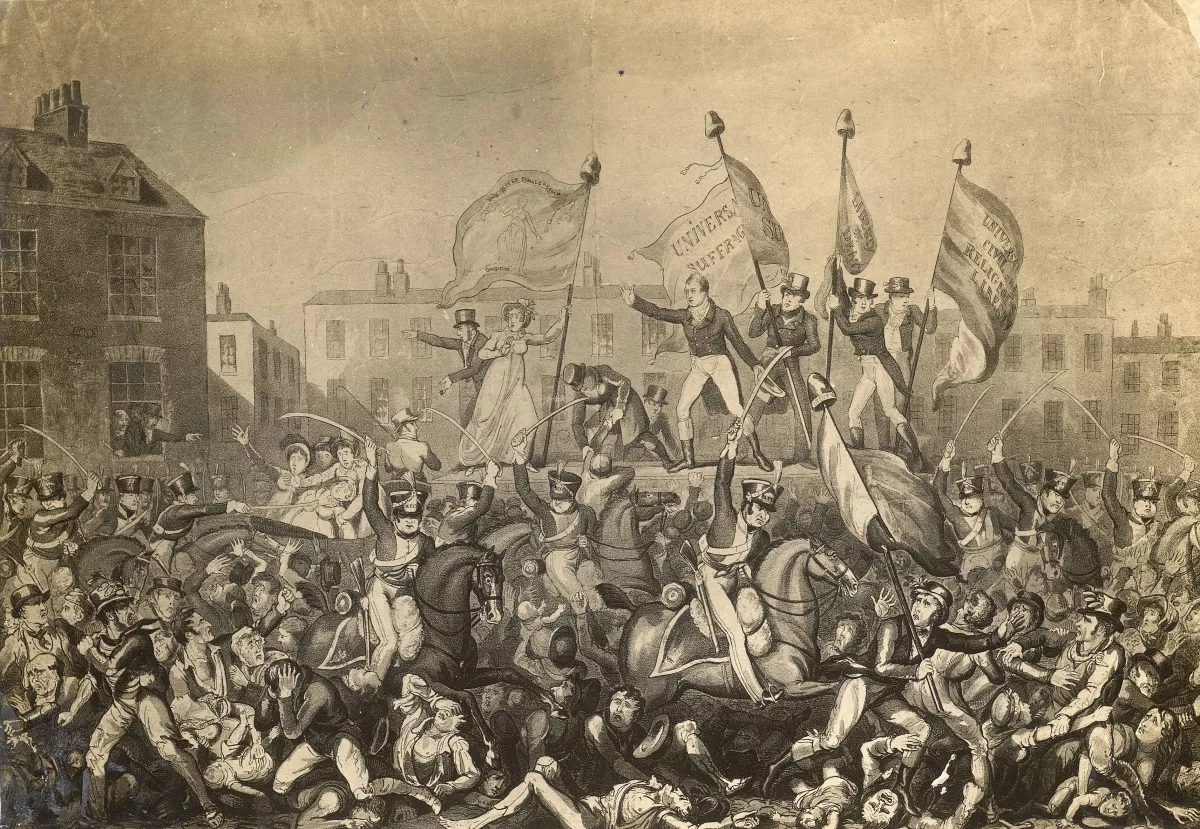 British forces charge crowds during bread riots in Manchester, England, in 1819. The event became known as the Peterloo Massacre, when troops were ordered to disperse the crowds.