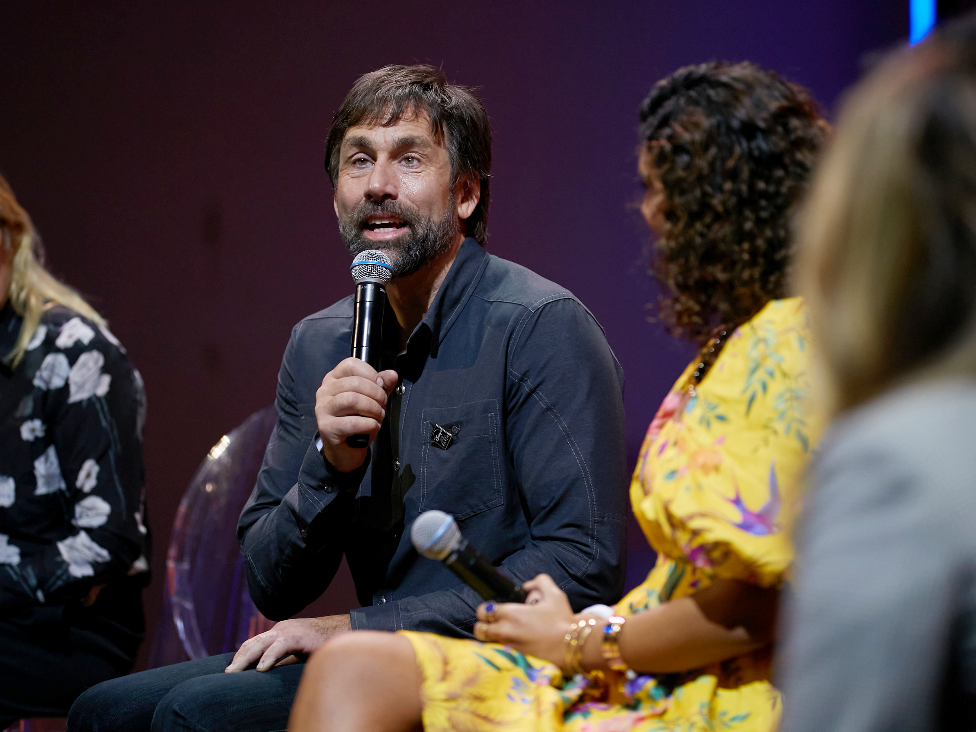 Erik Weihenmayer, Diva Amon, and Piya Sinha-Roy speak onstage during the immersive screening for the Disney+ original series WELCOME TO EARTH from National Geographic on December 7, 2021 in Los Angeles, California.