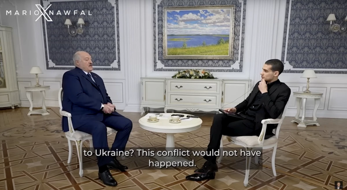 Influencer Mario Nawfal, right, interviewing Belarusian president Aleksandr Lukashenko earlier this year. Lukashenko repeated Russian talking points in the interview about Russia's invasion of Ukraine.