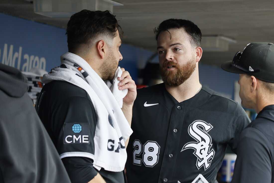 Catcher Jake Rogers #28 of the Chicago White Sox talks with starting pitcher Anthony Kay #18 before their game against the Detroit Tigers at Comerica Park on August 15, 2026 in Detroit, Michigan.