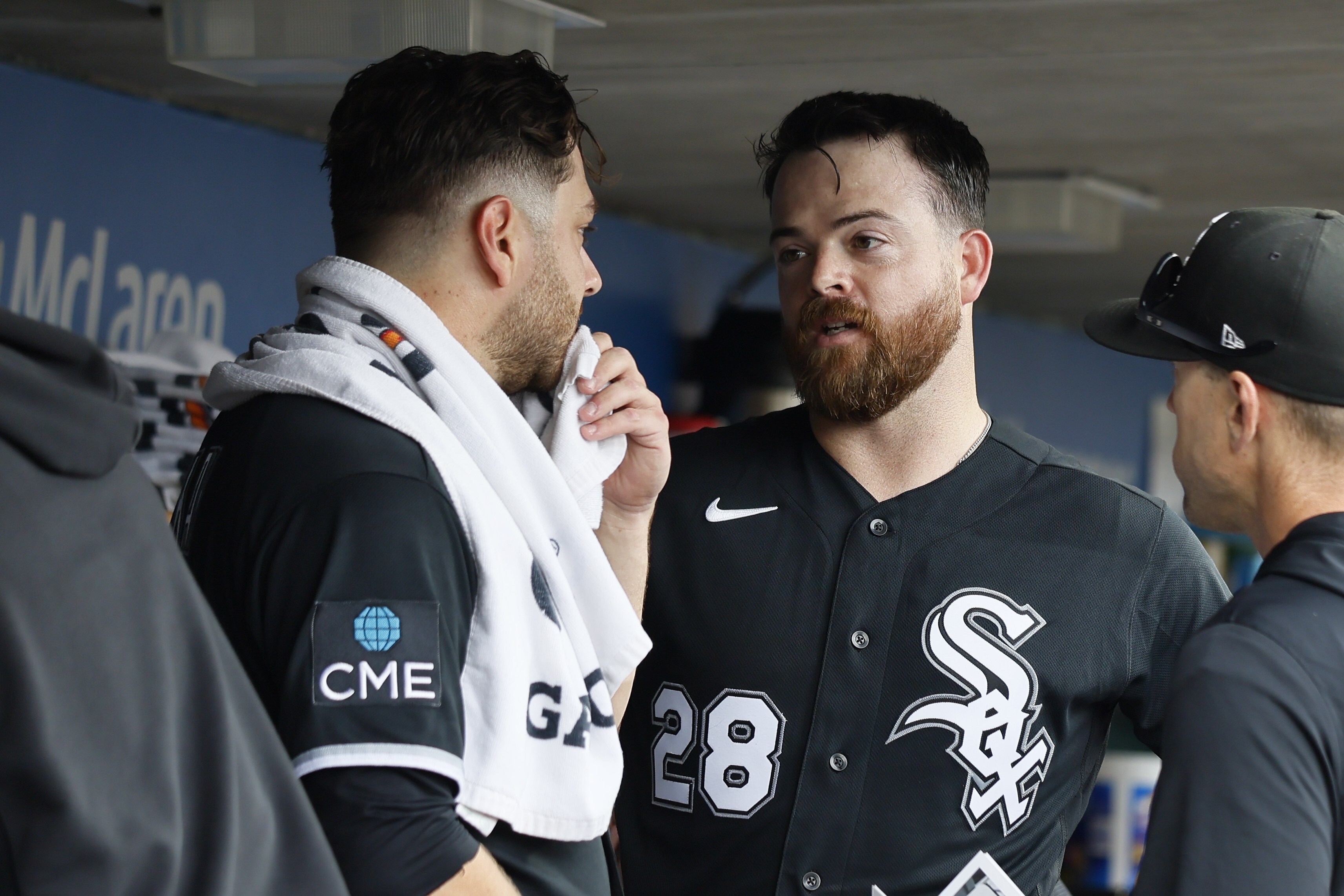 Catcher Jake Rogers #28 of the Chicago White Sox talks with starting pitcher Anthony Kay #18 before their game against the Detroit Tigers at Comerica Park on August 15, 2026 in Detroit, Michigan.