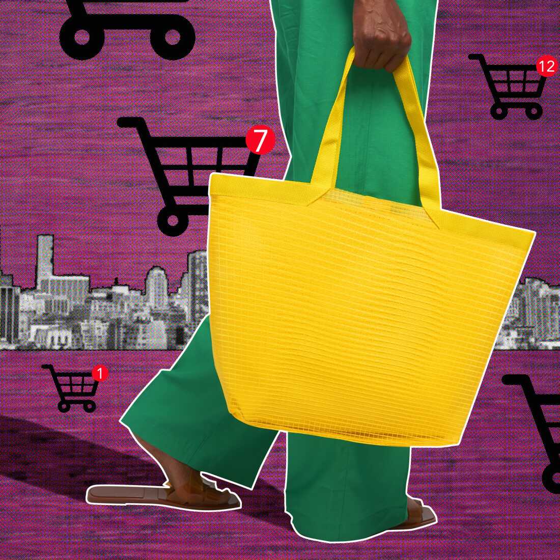 A photo collage of the lower half of a woman's body. She's wearing stylish green slacks and a green and white patterned shirt and is holding a large yellow tote bag. Digital shopping carts are in the background, and each cart has a red number on its top-right corner, displaying the number of items in it. This is all against a dark purple background with a black-and-white cityscape in the distance.