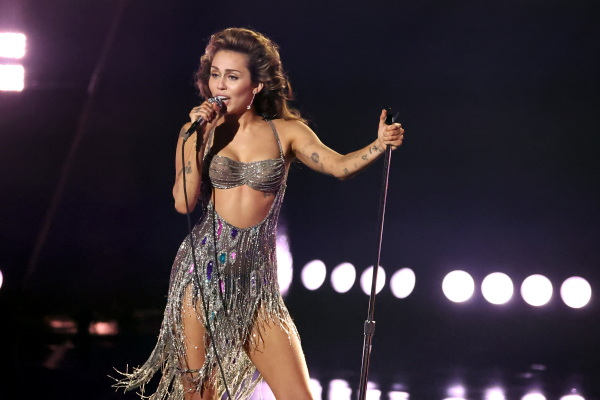 Miley Cyrus in Bob Mackie as she performs onstage in 2024 at the 66th GRAMMY Awards in Los Angeles.