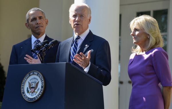 Then-Vice President Biden announces he won't seek the Democratic presidential nomination in the Rose Garden of the White House with his wife Jill Biden and President Barack Obama on Oct. 21, 2015.
