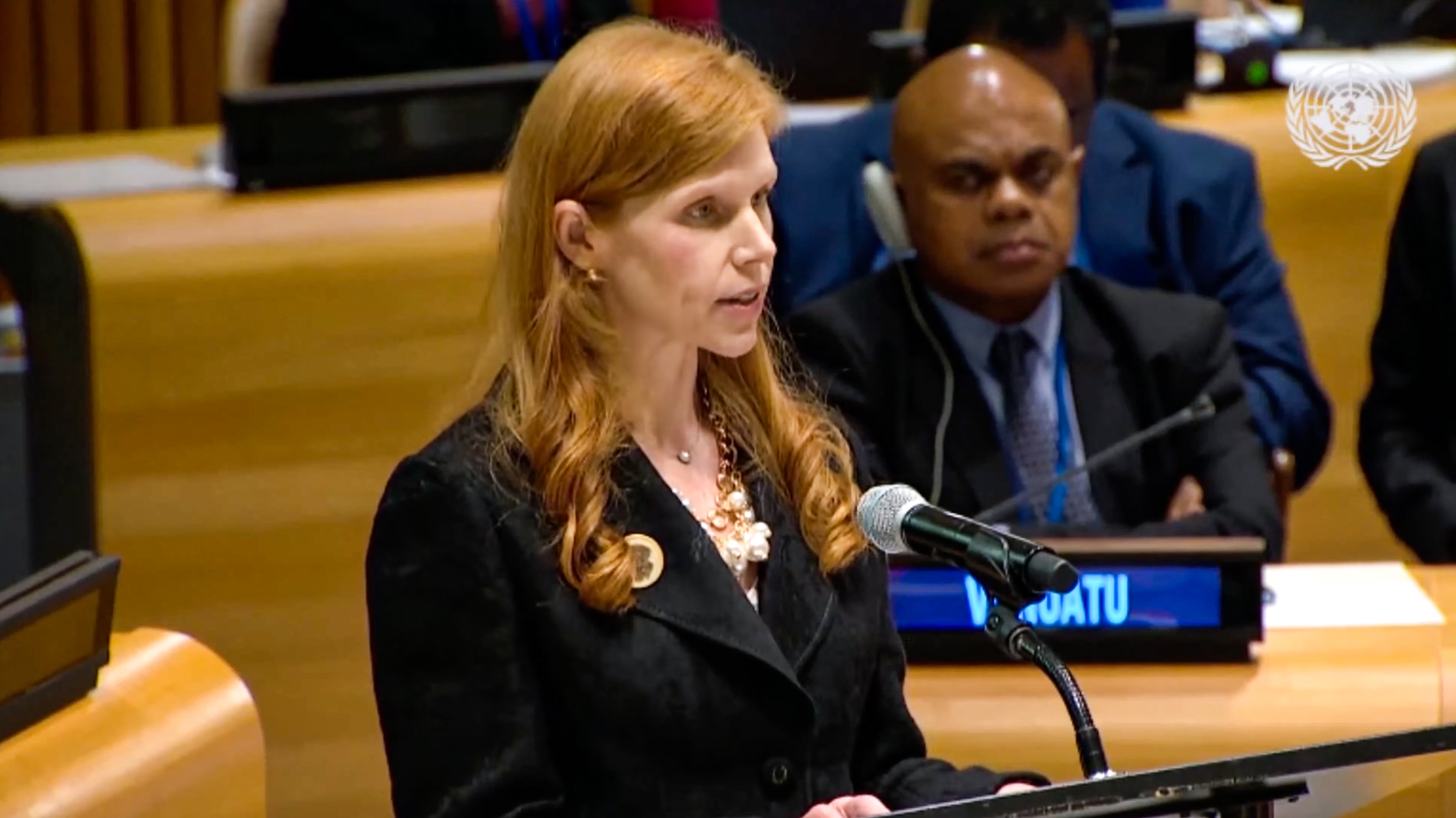 Bethany Kozma speaks to a U.N. meeting in September 2025. She has just been named to lead the Department of Health and Human Services Office of Global Affairs — a job known as the "diplomatic voice" of HHS.
