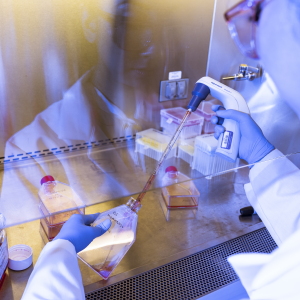 Cathy Tie, the founder and CEO of Origin Genomics, replenishes nutrients sustaining cells the New York City startup is using to test its technology for repairing defective genes.
