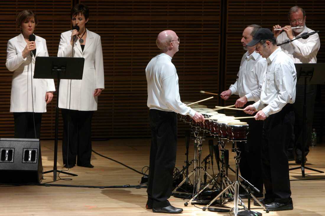 The composer Steve Reich's 70-year-old birthday celebration at Zankel Hall on October 22, 2006.(His actual birthday is October 3.)This image;Steve Reich, with a black cap on, and his ensemble performing "Drumming." (Photo by Hiroyuki Ito/Getty Images)