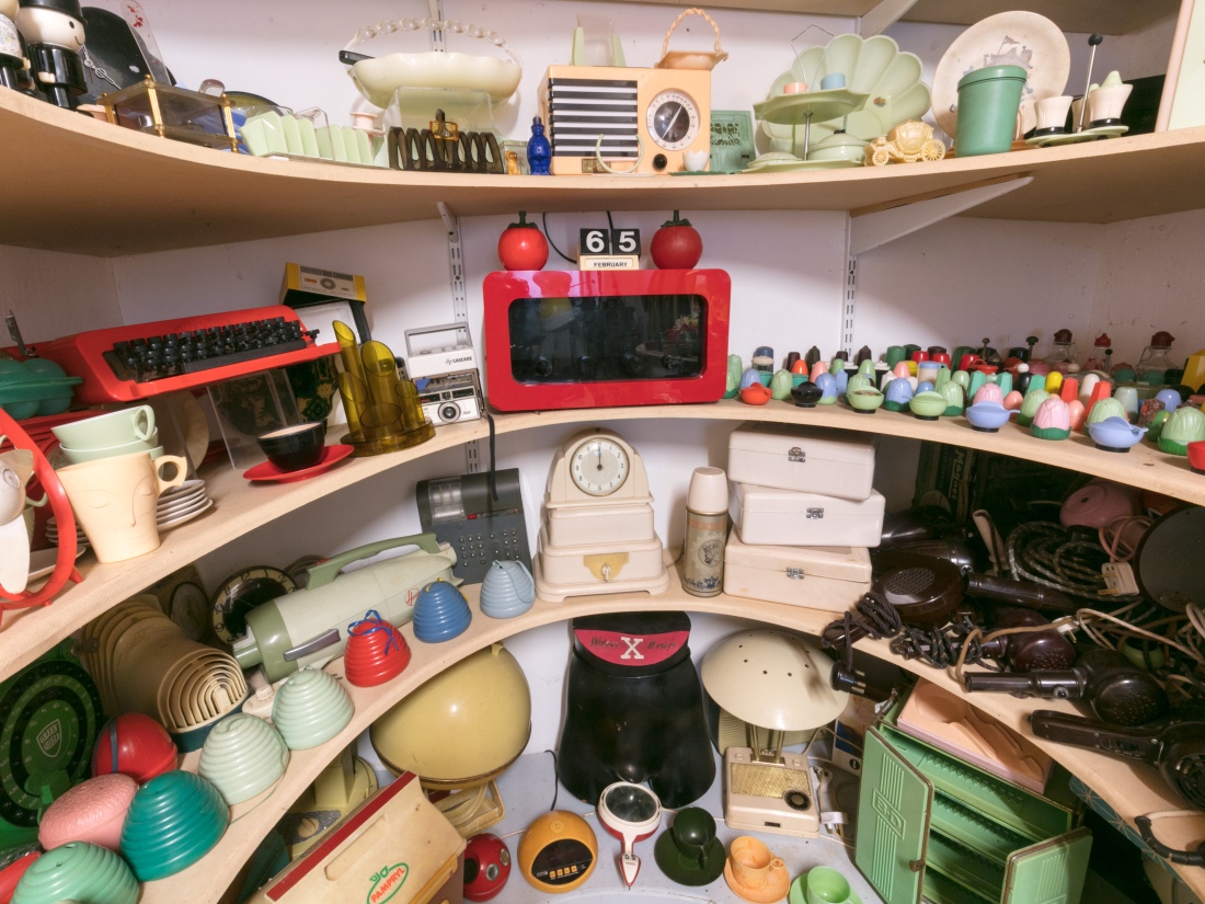 Vintage Bakelite and other plastic objects at a museum in England.