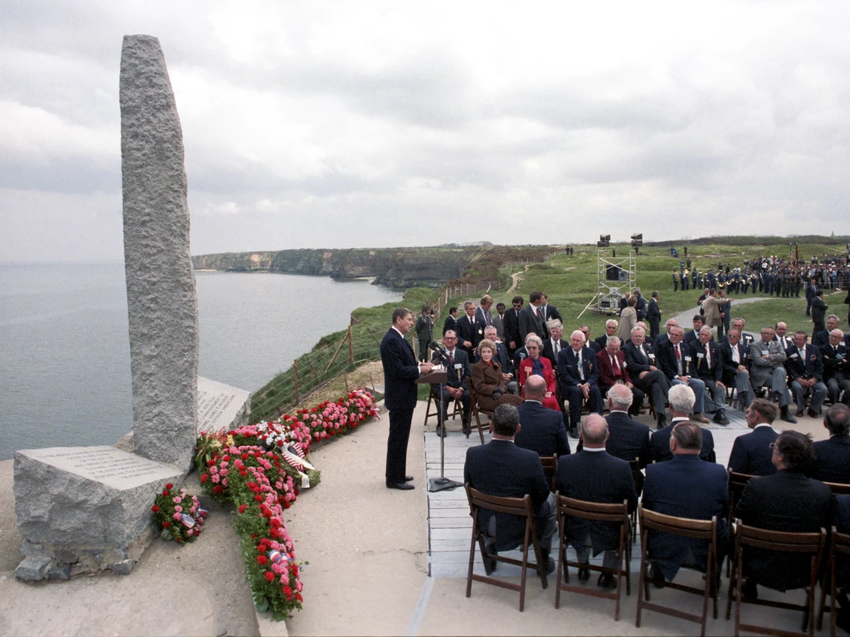 President Ronald Reagan gave a speech on June 6, 1984, the 40th Anniversary of D-Day, at Pointe du Hoc in Normandy, France. Dozens of Rangers were in attendance.
