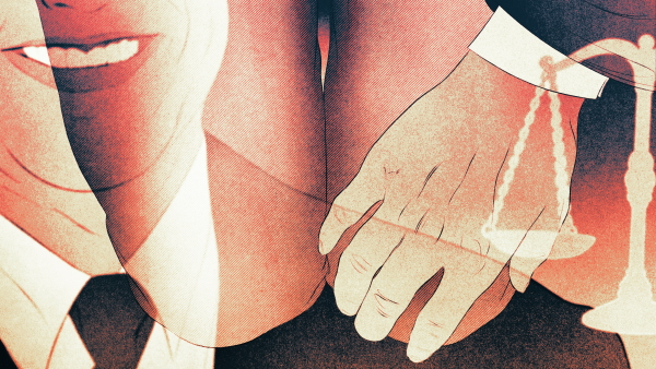 An illustration of a male judge is seen smiling and placing a hand on a person's leg. The scales of justice are also seen.