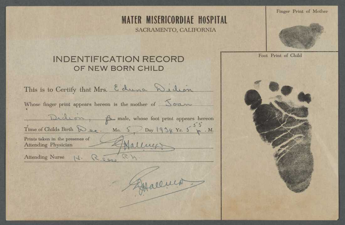 Mater Misericordiae Hospital, birth record for Joan Didion, Dec. 5, 1934.