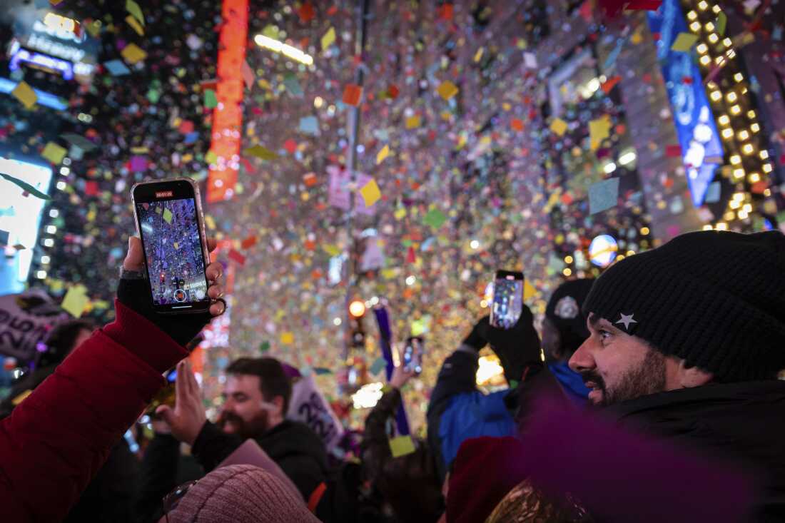 Revelers celebrate after the ball drops in New York's Times Square, Wednesday, Jan. 1, 2025, in New York.