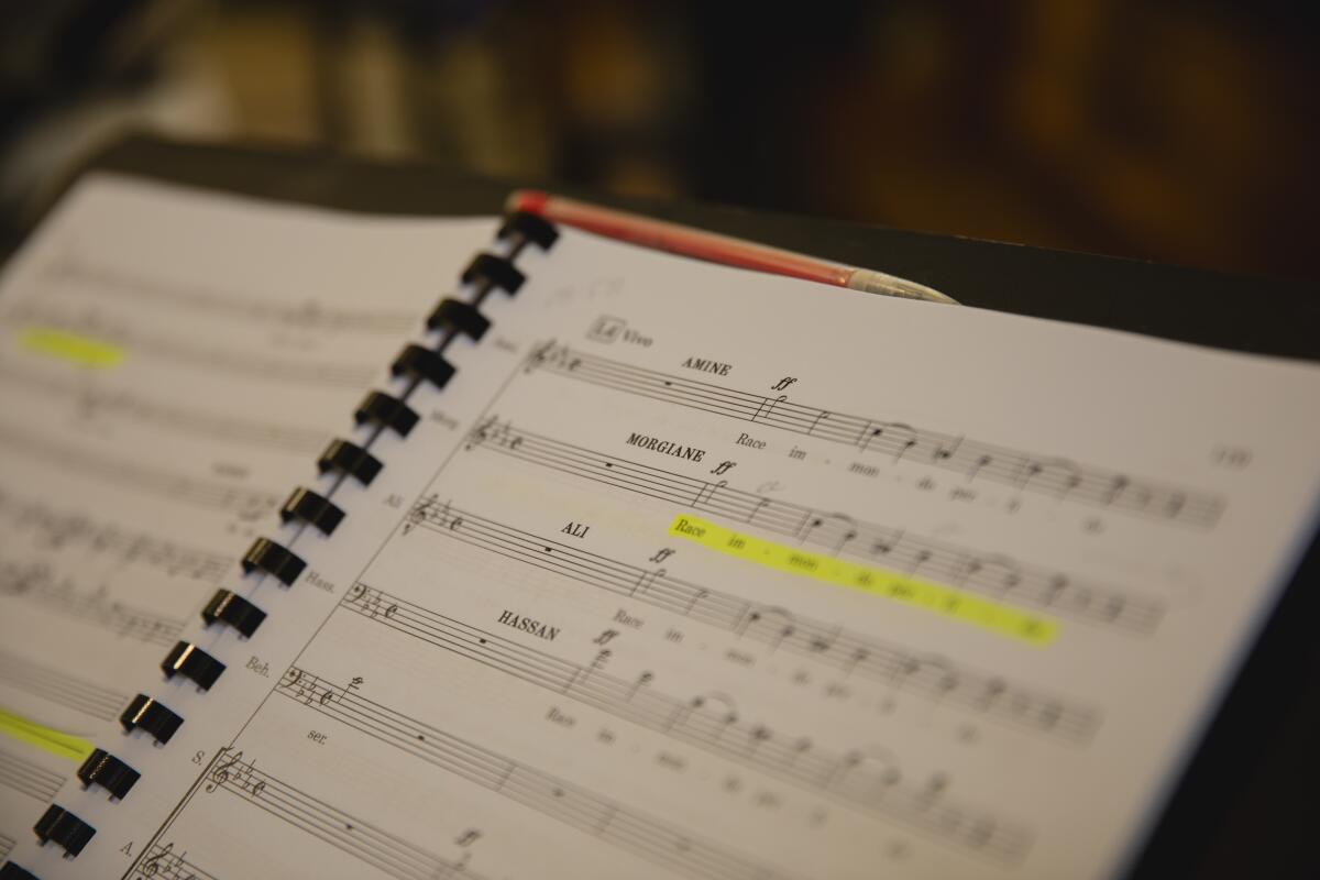 The score for Edmond Dédé's 1887 opera Morgiane sits on the conductor's stand ahead of a performance of excerpts produced by OperaCréole and Opera Lafayette in New Orleans.