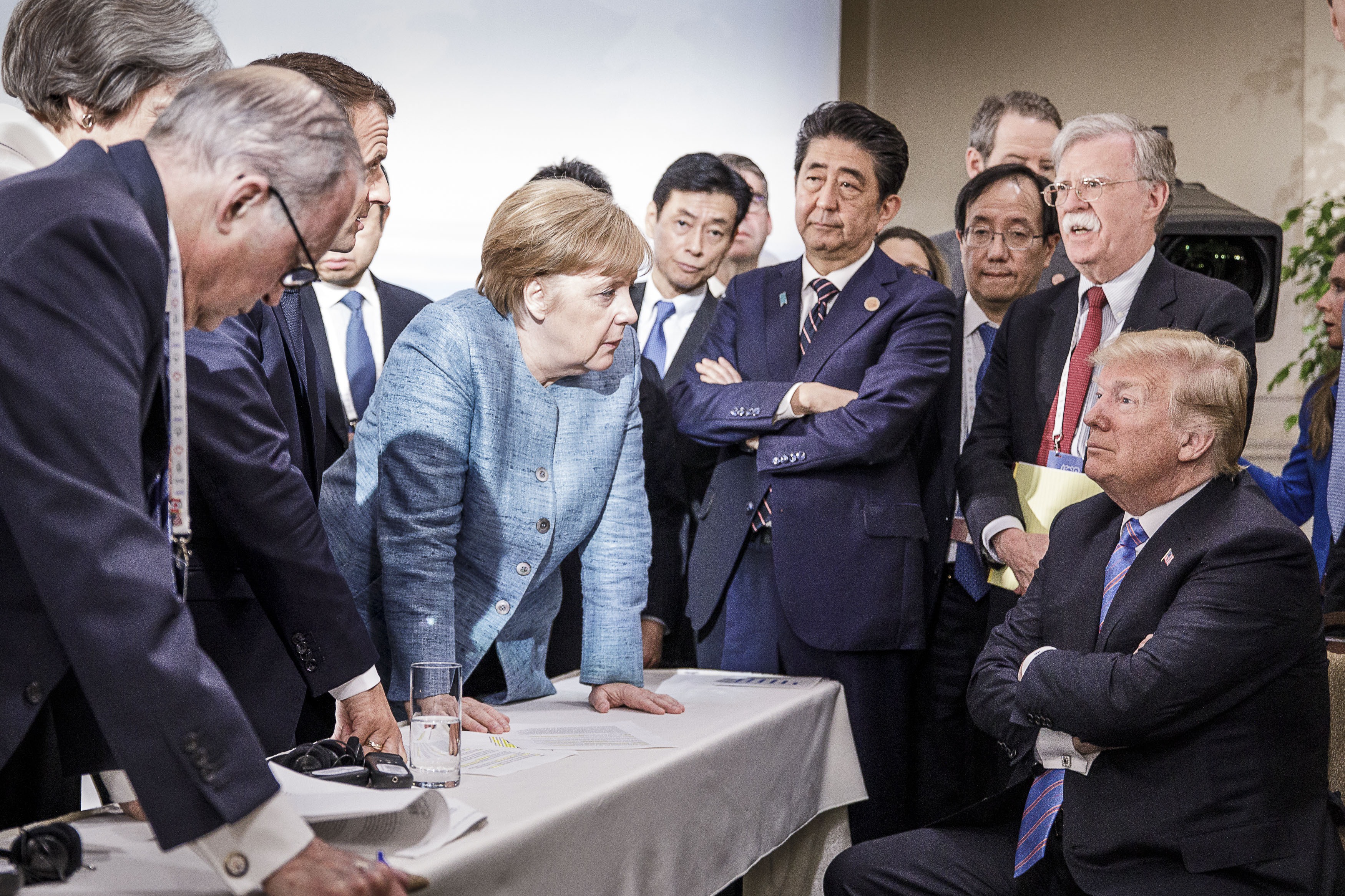 In this photo provided by the German Government Press Office (BPA), German Chancellor Angela Merkel deliberates with President Trump on June 9, 2018, at the G7 summit in Charlevoix, Canada. (Getty Images Europe)