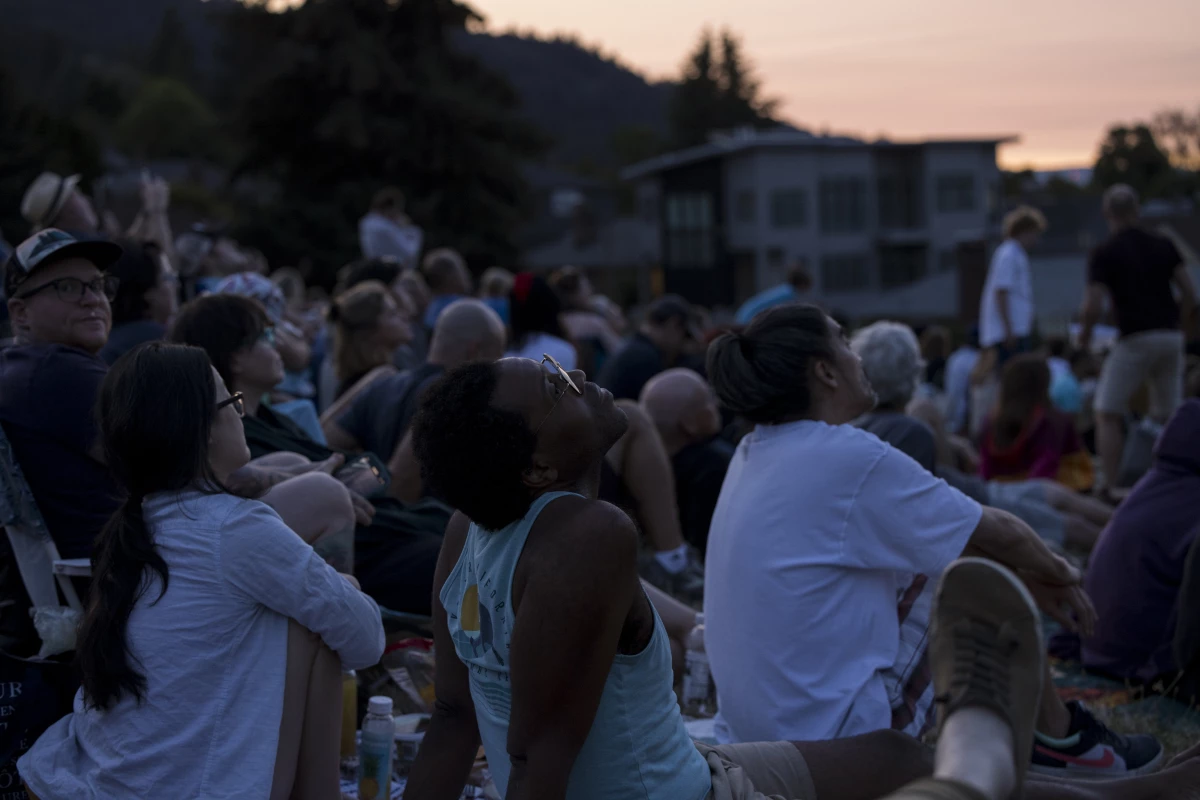 At sunset, Portlanders watch migrating Vaux's swifts as they prepare to roost in the Chapman Elementary chimney in Portland, Oregon.