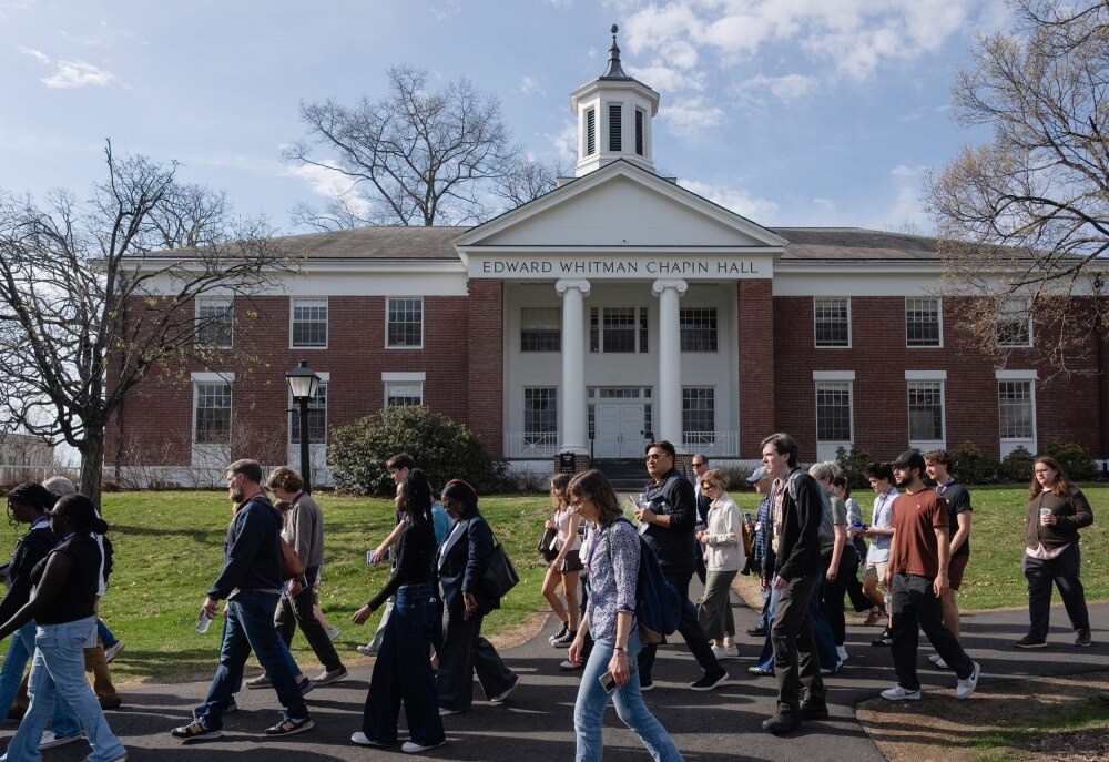 Admitted students and their families, including some from rural areas, take a tour of the Amherst College campus as they decide whether or not to enroll. <br> (The Hechinger Report)