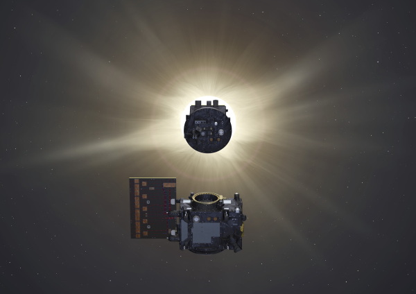 In this illustration, the two spacecraft of Proba-3 fly in precise formation about 150 meters apart to form an external coronagraph in space, one spacecraft eclipsing the sun to allow the second to study the invisible solar corona.