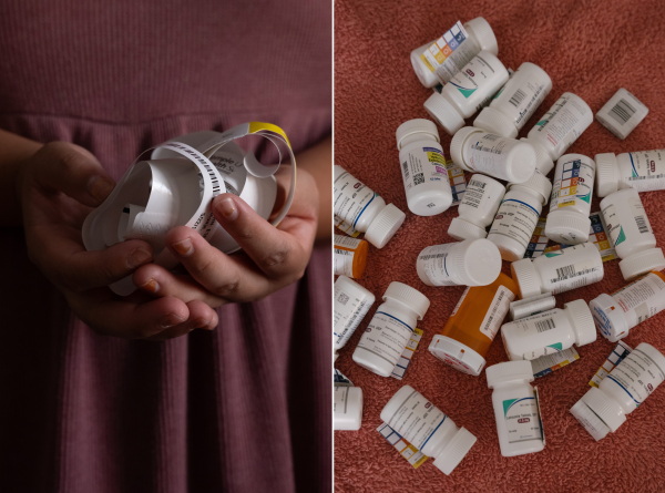 Lourdes Monje holds dozens of hospital bracelets in the picture on the left of this split screen. On the right, are many used boxes and bottles of medications.