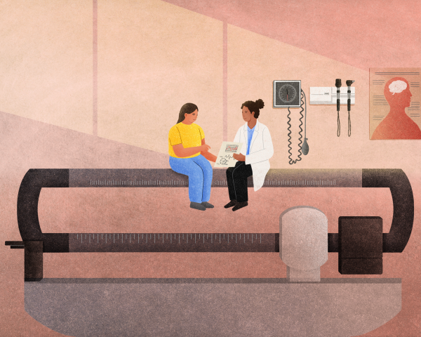 Illustration: A patient and a doctor sit since by side on top of a slider-type scale, talking.