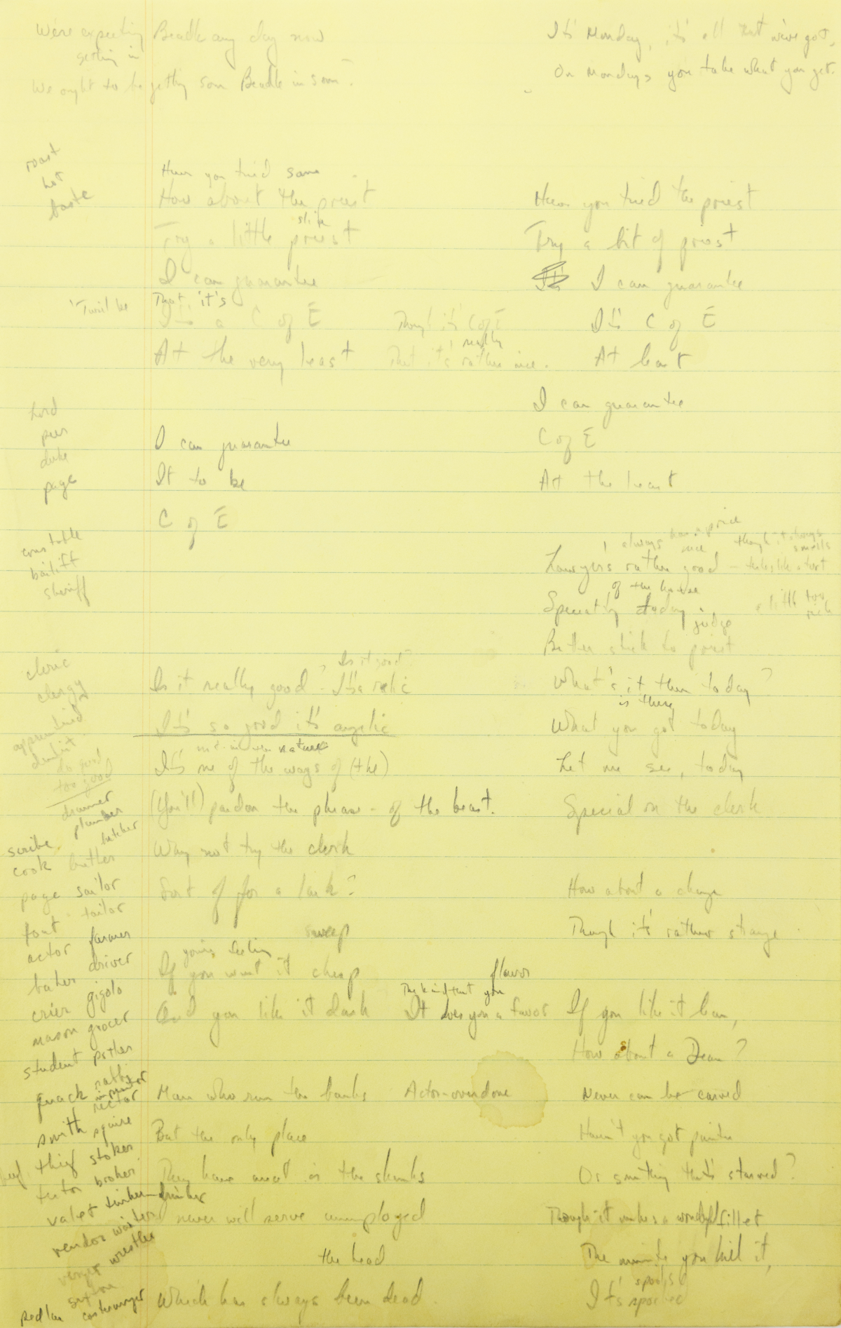 The Library of Congress' new Stephen Sondheim collection includes many pages of lyric sketches for the song 'A Little Priest' from the musical Sweeney Todd. In his notes, Sondheim brainstormed dozens of potentially tasty victims for the demon barber of fleet street, most of whom never made it into the song.