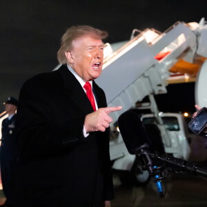 President Donald Trump speaks with reporters as he arrives on Air Force One, Saturday, Oct. 10, 2026, at Joint Base Andrews, Md.