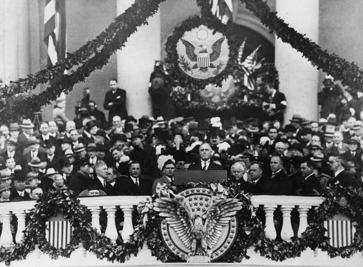 Franklin D. Roosevelt making his inaugural address as 32nd President of the United States on Jan. 1, 1933.