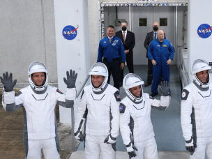 NASA's SpaceX Crew-13 crew members (from left) Canadian Space Agency astronaut Joshua Kutryk, NASA astronauts Luke Delaney and Jessica Watkins, and Roscosmos cosmonaut Sergey Teteryatnikov ahead of their launch from Cape Canaveral, Fla., on Thursday.