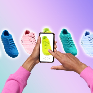 A photo collage showing a pair of outstretched arms donning pink sleeves. The person holds a phone out in front of a pair of lime-colored sneakers. The lime sneakers are in the center of a line up of identical sneakers in varying bright colors. The image is set against a gradient background that changes from aqua to purple.