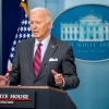 President Biden speaks during a news conference in the Brady Press Briefing Room at the White House on Friday. Biden made a surprise appearance, his first in the briefing room since becoming president, to tout a positive job report and take questions from reporters.
