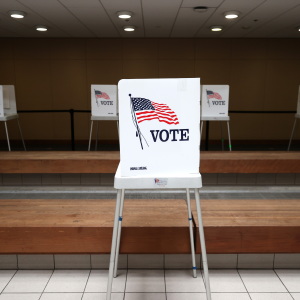 A view of voting booths at the Santa Clara County registrar of voters office in San Jose, Calif.