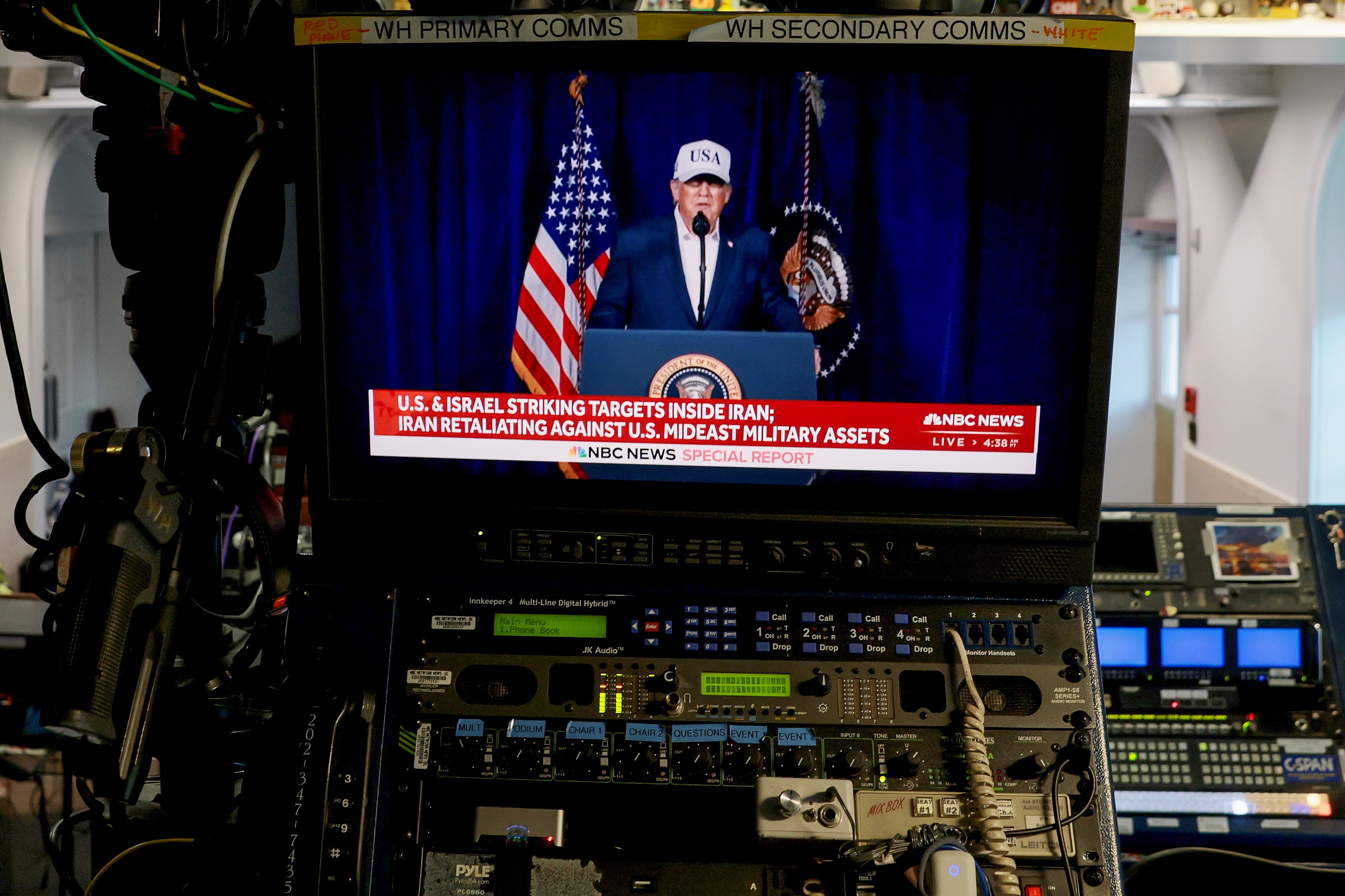 Video of President Trump's announcement of U.S. strikes on Iran airs in the White House James S. Brady Press Briefing Room on February 28, 2026.