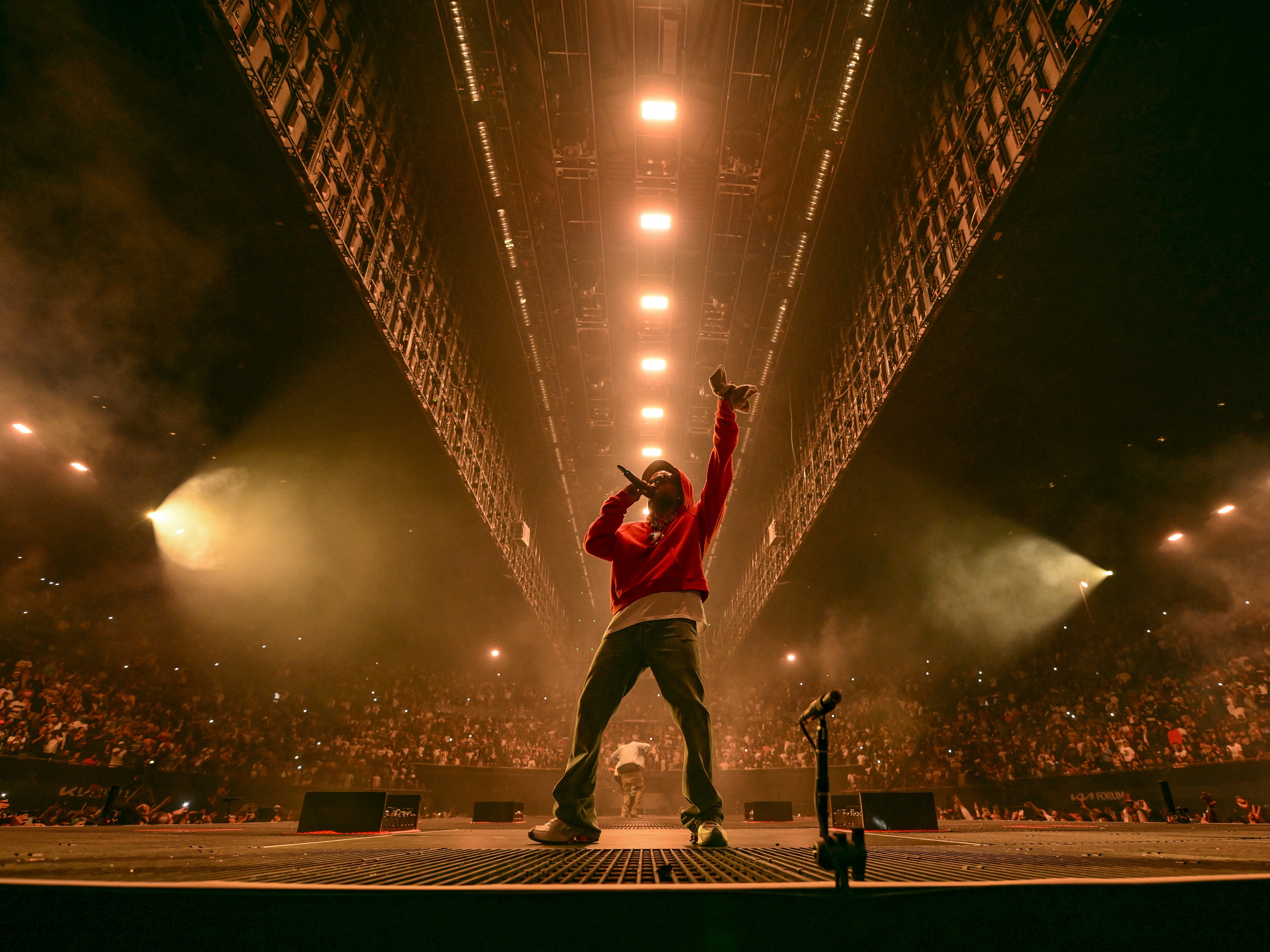Kendrick Lamar performs during "The Pop Out — Ken & Friends," his June 19 concert event at the Kia Forum in Inglewood, Calif.