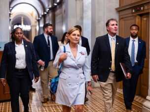U.S. Sen. Darline Graham Nordone departs with staff and Capitol Police after being sworn in at the U.S. Capitol on July 14, 2026 in Washington, DC.