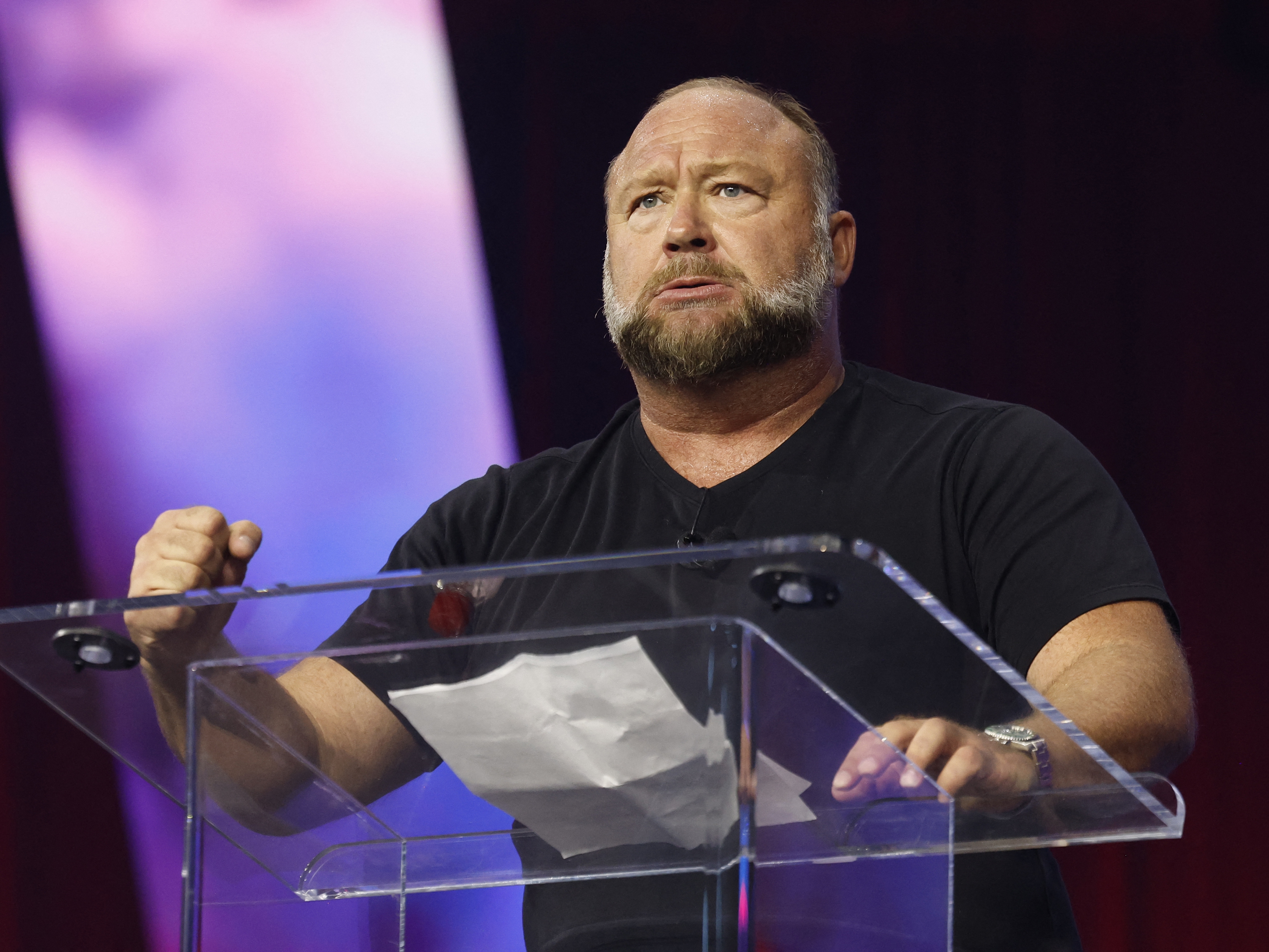 Infowars<em> </em>host Alex Jones addresses the conservative Turning Point People's Convention earlier this month at Huntington Place in Detroit.  (AFP via Getty Images)
