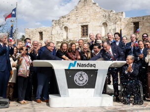 Officials celebrate while ringing the bell during the Nasdaq Texas Closing Bell Ceremony held at The Alamo in San Antonio on March 5 commemorating the 190th anniversary of the Battle of the Alamo. Both the New York Stock Exchange and Nasdaq have recently opened Texas outposts as banks and financial institutions expand their footprints in the state.