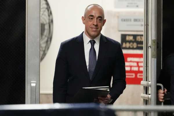 Donald Trump's defense attorney, Emil Bove, returns to the courtroom after a break at Manhattan criminal court on April 16.