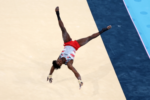 Frederick Richard of the USA competes in the floor exercise during the Gymnastics Men's Team Final on Monday at the Paris Summer Olympics.