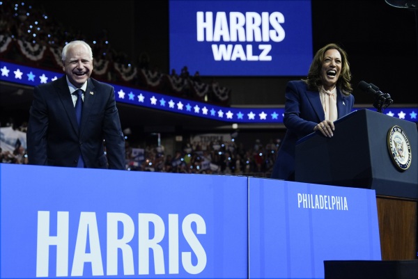 Democratic presidential nominee Vice President Kamala Harris and her running mate Minnesota Gov. Tim Walz speak at a campaign rally in Philadelphia, Tuesday, Aug. 6.