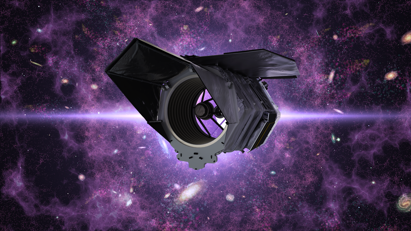 Image 25: An illustration of a black satellite floats in space. It has an open circular center. The background is a cloud of vivid purple with pink dendritic connections, all over blackness. Galaxies and stars are sprinkled across the background.