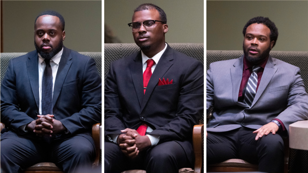 This composite image comprising three photos shows former Memphis Police Department officers (from left) Tadarrius Bean, Justin Smith and Demetrius Haley in court in Memphis, Tennessee, on May 3. The three men are seated and are wearing suits and ties.