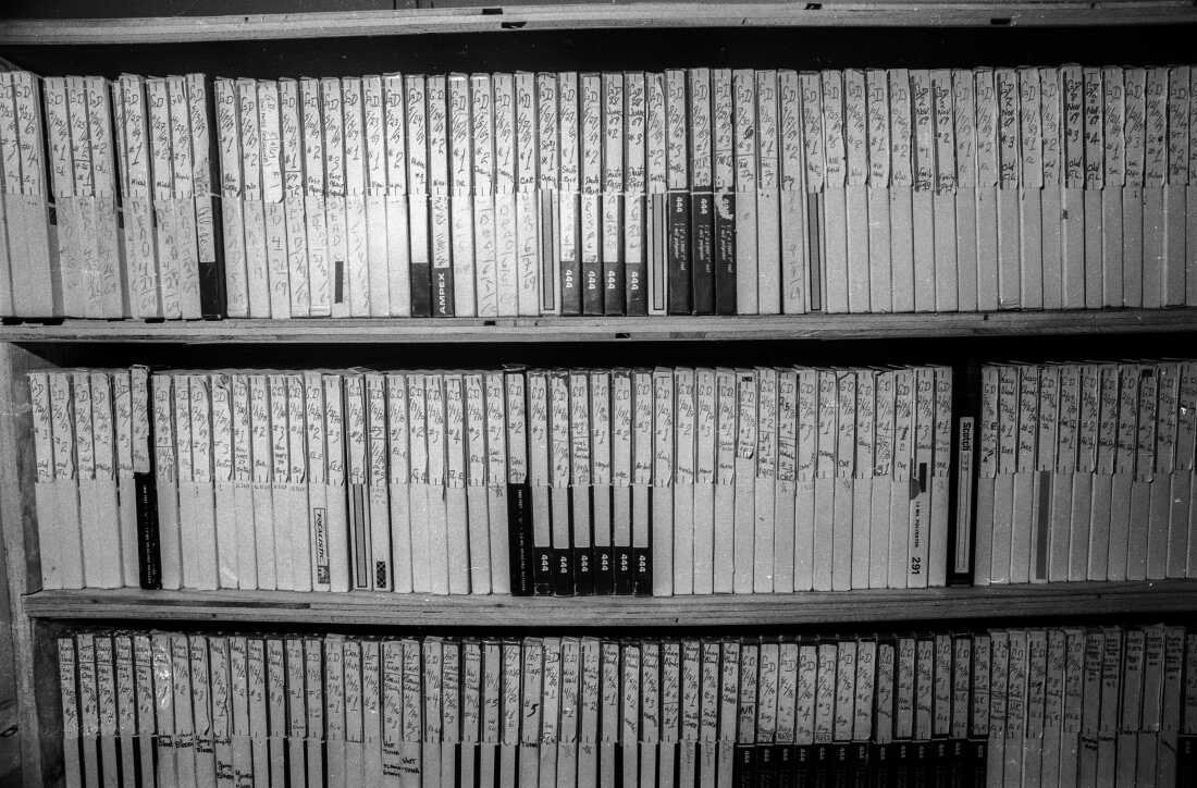 This 1992 black-and-white photo shows shelves of Grateful Dead tapes at Club Front, the Grateful Dead's rehearsal studio in San Rafael, California.