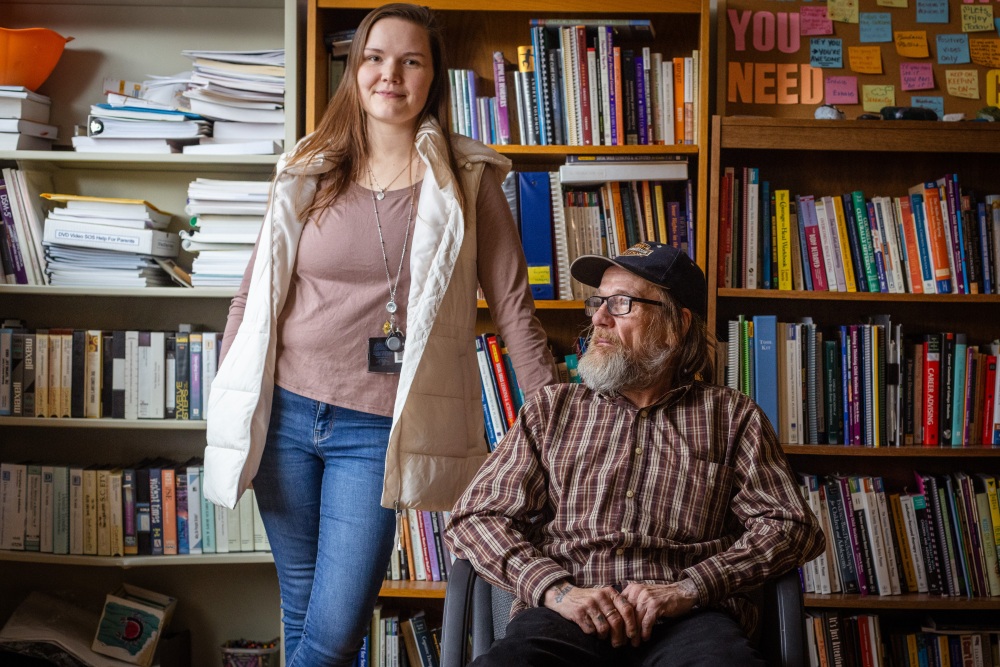 John Greene and his counselor Emily Georgia at Family & Children's Counseling Services in Cortland, N.Y. Greene is four months into recovery for the first time since he started regularly using drugs at age 14. He credits a new program that the counseling center started with opioid settlement money.