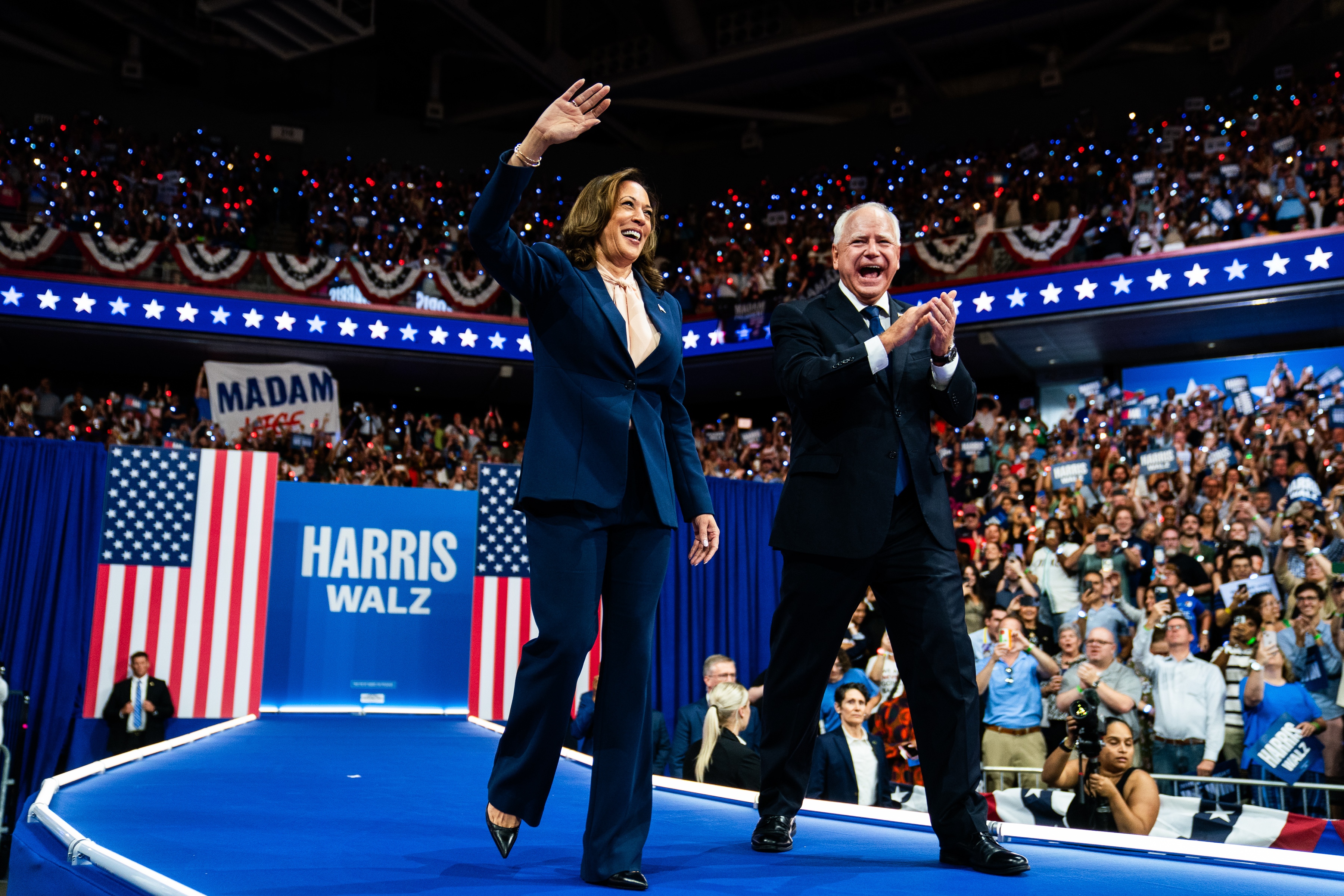 Vice President Harris and Democratic vice presidential nominee Minnesota Gov. Tim Walz appear at a campaign event in Philadelphia on Tuesday. (The Washington Post via Getty Images)