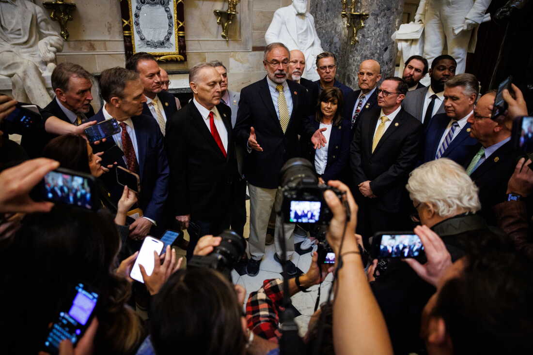 House Freedom Caucus chair, Rep. Andy Harris, R-MD, spoke to reporters alongside other members of the Freedom Caucus in the U.S. Capitol building on March 27, 2026 in Washington, DC. The Senate passed a bill in the early morning hours on Friday to fund most of the Department of Homeland Security, except for Immigration and Customs Enforcement or the Border Patrol, which now has to get through the House and the Presidents desk as delays at airports around the country continue to grow due to TSA agents having to go without pay for over 40 days. (Photo by Samuel Corum/Getty Images)