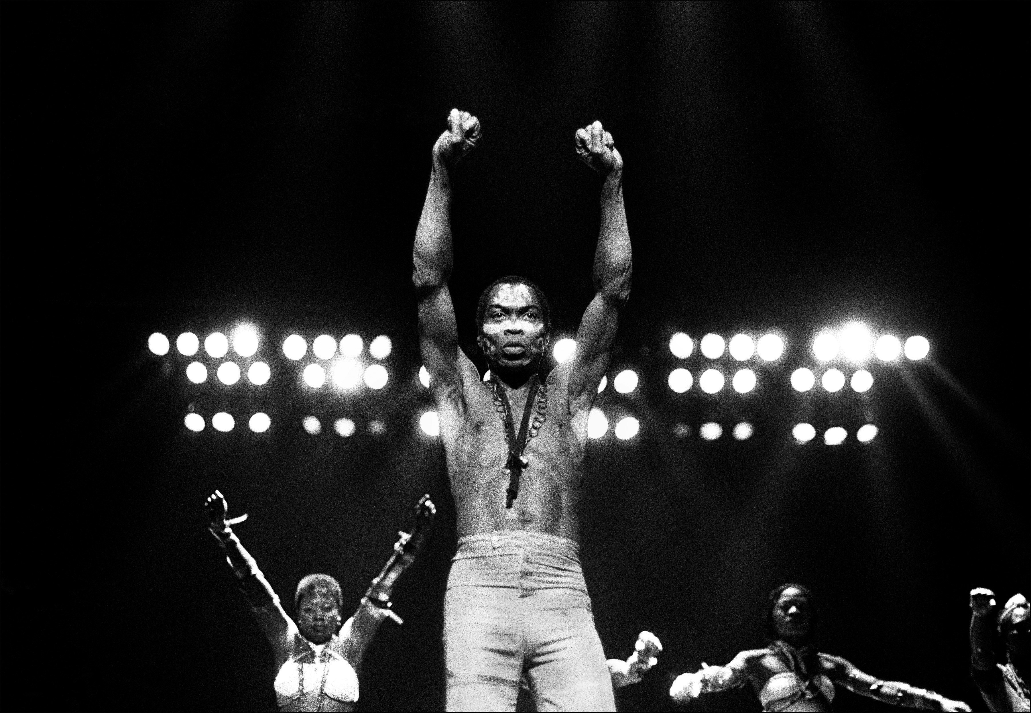 Nigerian superstar Fela Kuti performs at Orchestra Hall in Detroit, Michigan, in 1986. In the past year, the late musician has received two historic honors: the first African artist to receive a Grammy Lifetime Achievement Award and to be named for induction into the Rock & Roll Hall of Fame. (Michael Ochs Archives)