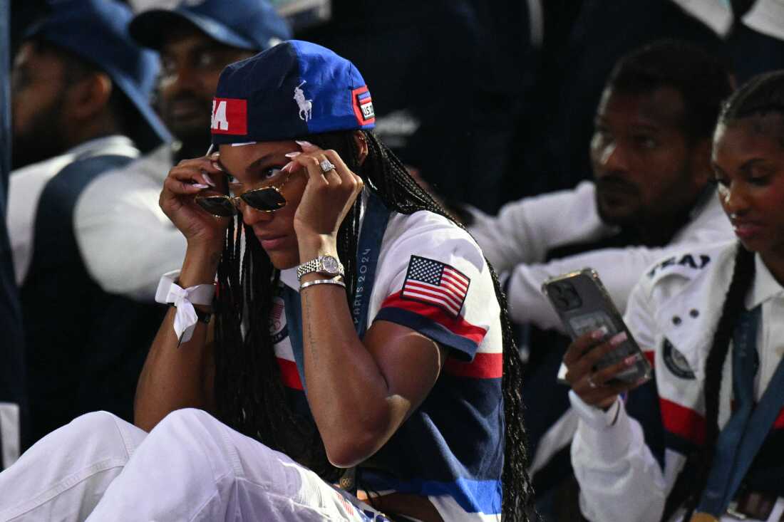 Gold medallist for the women's long jump US' Tara Davis-Woodhall reacts during the closing ceremony on Sunday.