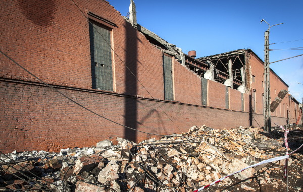A view of the wall of a local zinc plant which was damaged by a shockwave from a meteor in the Urals city of Chelyabinsk, on February 15, 2013.