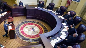 Mississippi Supreme Court justices listen to arguments in Jackson, Miss., on July 6, 2023. On Friday, a judge ordered special elections for the court after earlier finding that the electoral map used to select justices violates the Voting Rights Act.